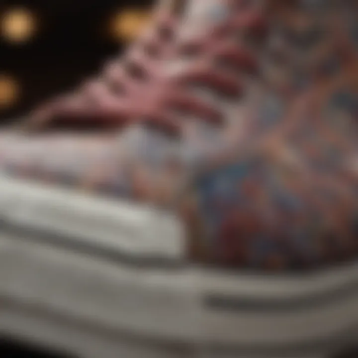 Close-up of the fabric detail on a pair of Paisley Converse shoes.