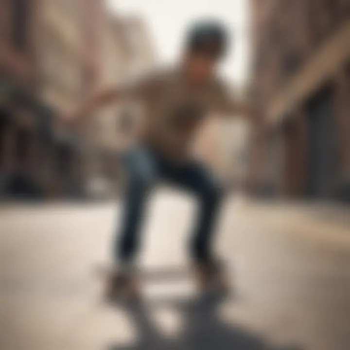 A rider performing tricks on a Penny 27 inch skateboard in an urban setting.