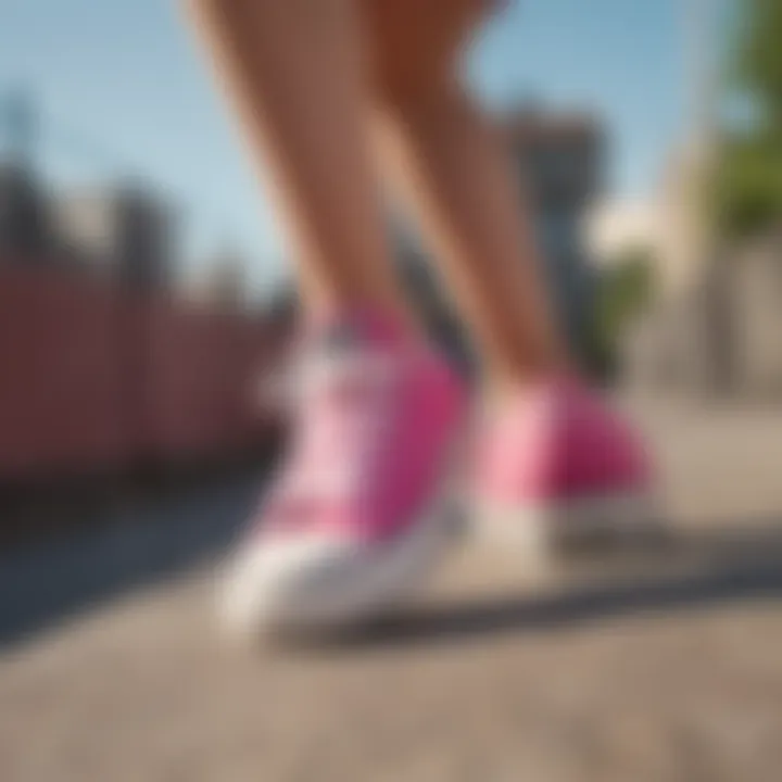 Pink low platform Converse shoes paired with sportswear in a parkour setting