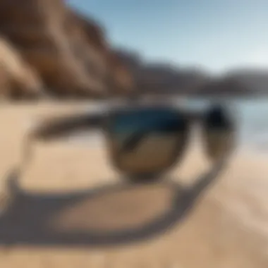 Polarized wayfarer sunglasses with a vibrant beach backdrop