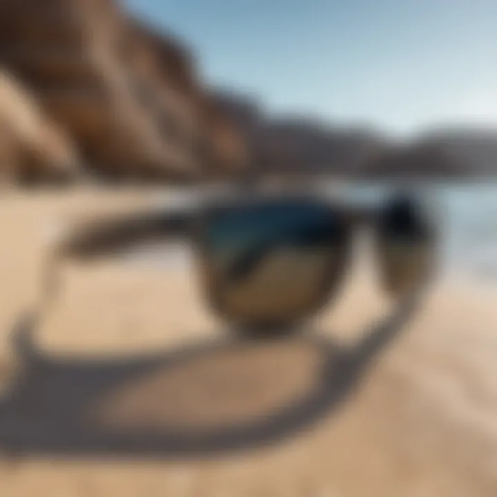 Polarized wayfarer sunglasses with a vibrant beach backdrop