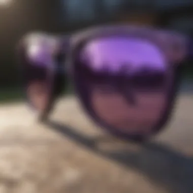 Close-up of purple camo sunglasses with reflective lens