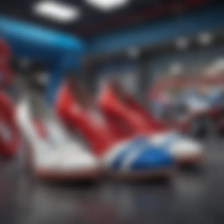 Red, white, and blue pumps lined up against daring sports backdrop