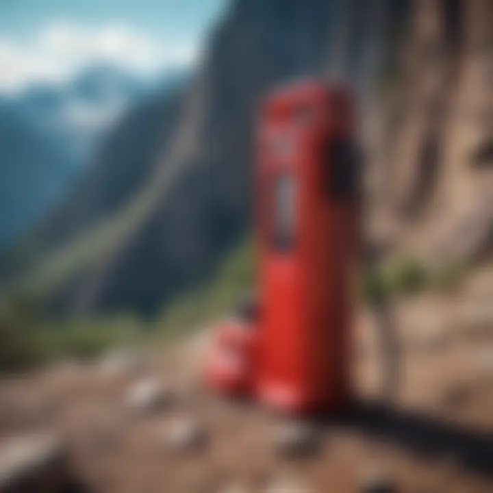 Vibrant red pump against rugged mountain backdrop