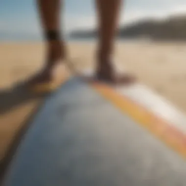 Close-up of reinforced stitching on surfboard leash