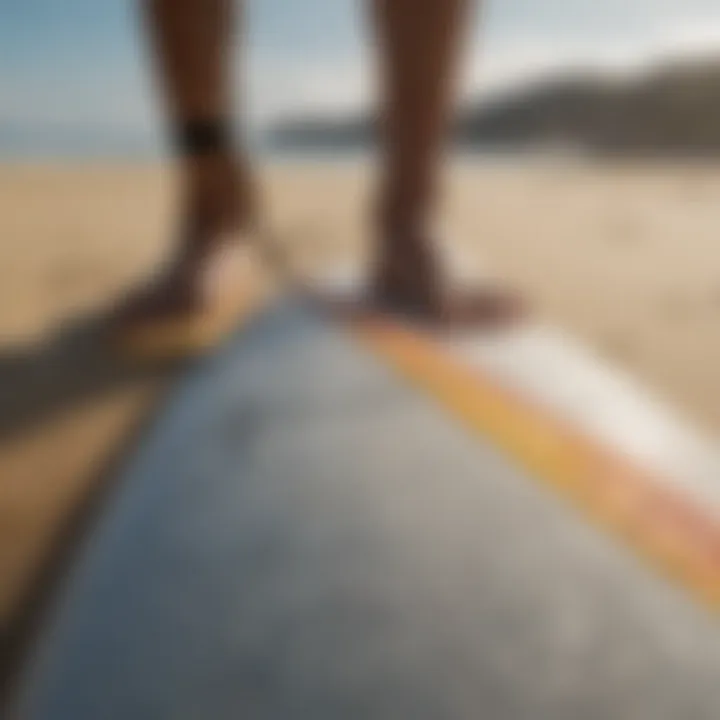 Close-up of reinforced stitching on surfboard leash