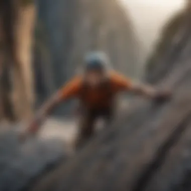 Rock climber scaling a challenging cliff against a dramatic backdrop