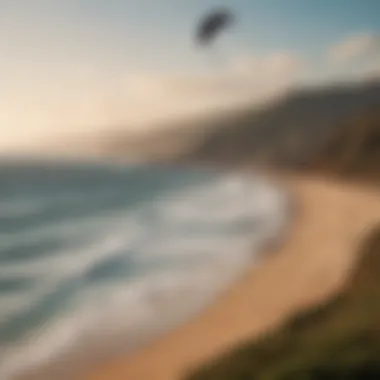 Scenic view of a coastline with a 12m kite flying gracefully in the background