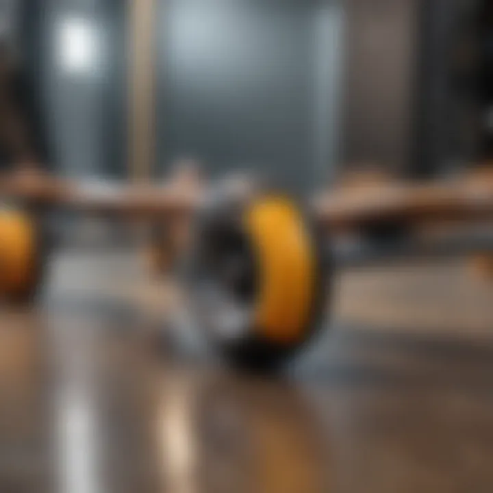 Close-up of longboard wheels and deck