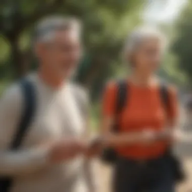 Digital Walk and Talk Senior man and woman enjoying a leisurely walk while chatting on smartphones