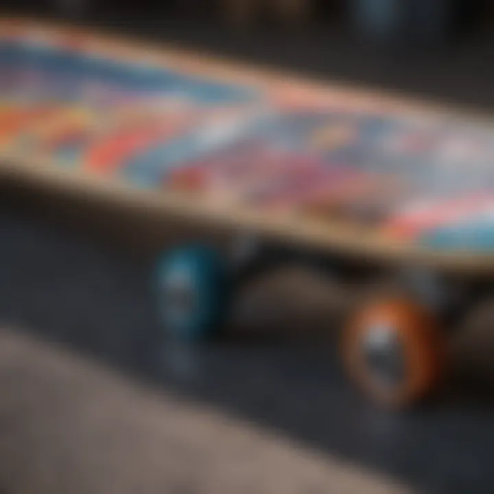 Close-up of a unique skateboard deck design showcasing vibrant colors and artistic patterns.