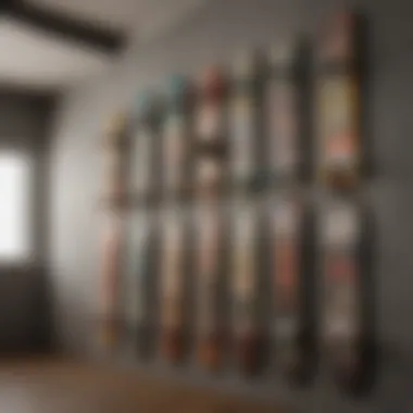 Eclectic Skateboard Deck Wall Display A stylish room featuring an eclectic array of skateboard decks mounted on the wall.