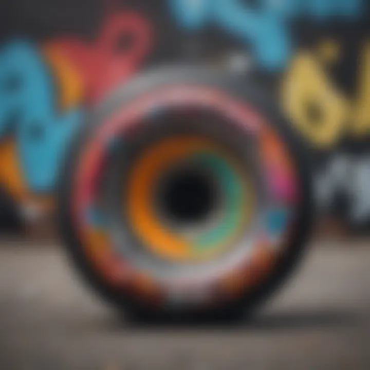 Close-up of a skateboard wheel covered in vibrant graffiti art