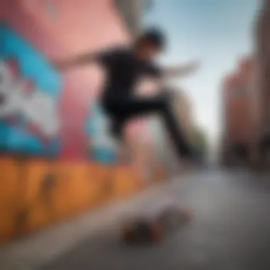 Skateboarder performing a daring aerial maneuver against a colorful graffiti backdrop