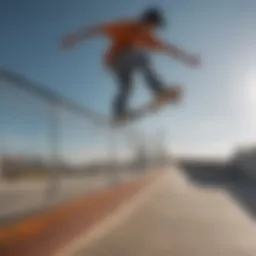 Skateboarder executing a perfect kickflip over a railing