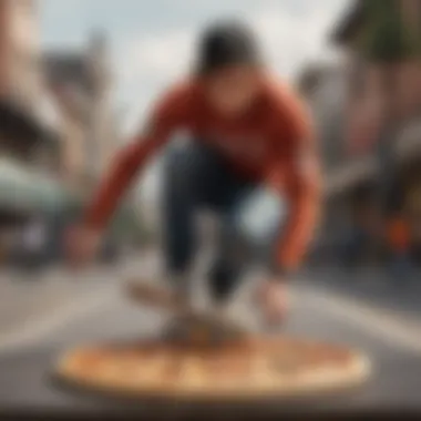 Skateboarder in Action on Pizza Deck Skateboarder performing tricks on a pizza-inspired deck