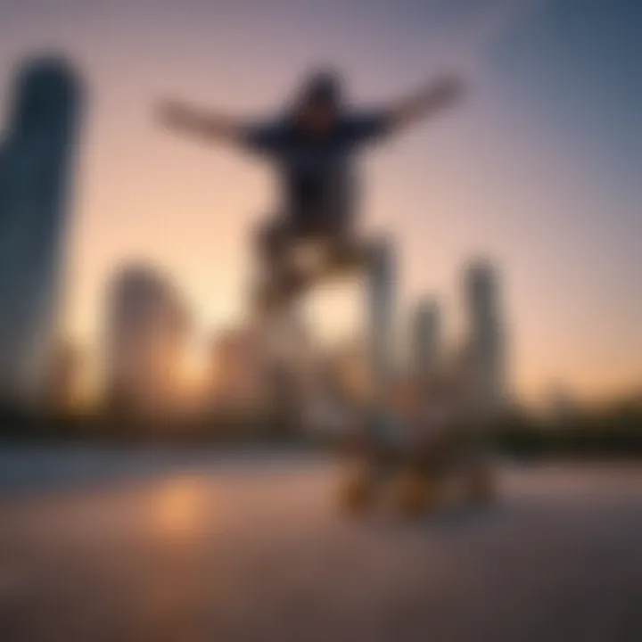 Sunset backdrop over Miami's skyline with skateboarders in action