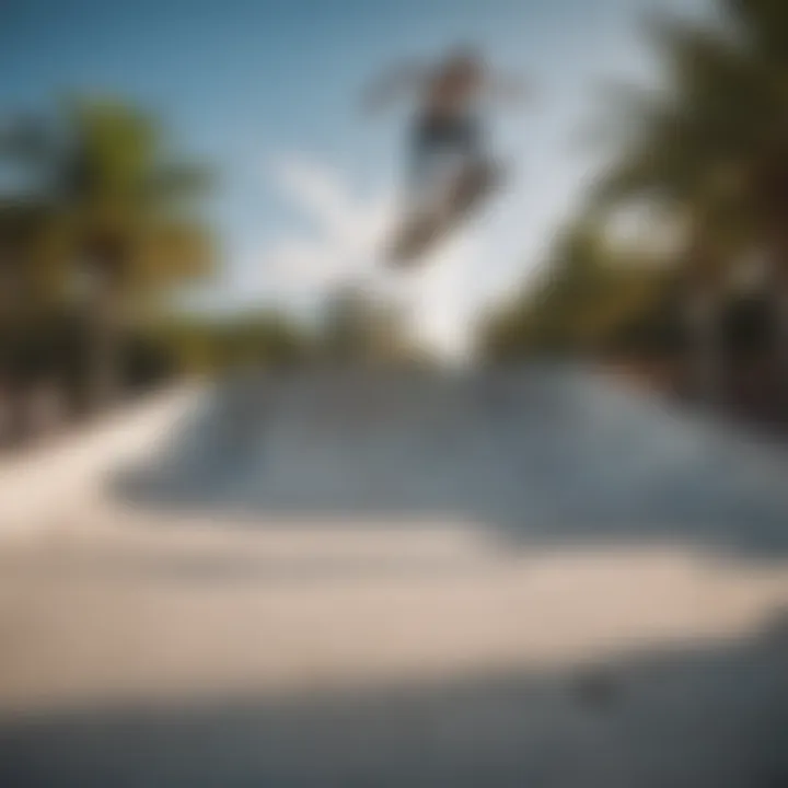 A vibrant skate park in Miami with skateboarders performing tricks