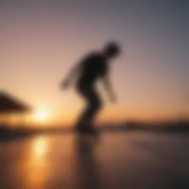 An artistic shot of a skateboarder silhouetted against a sunset