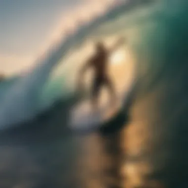 Skilled surfer riding a massive wave at sunset