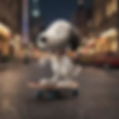 Snoopy skateboarding on a vibrant city street