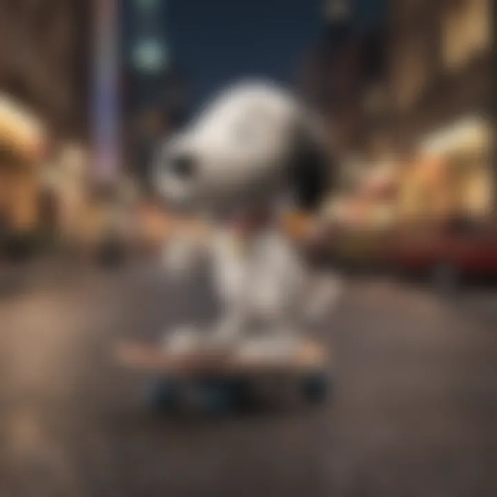 Snoopy skateboarding on a vibrant city street