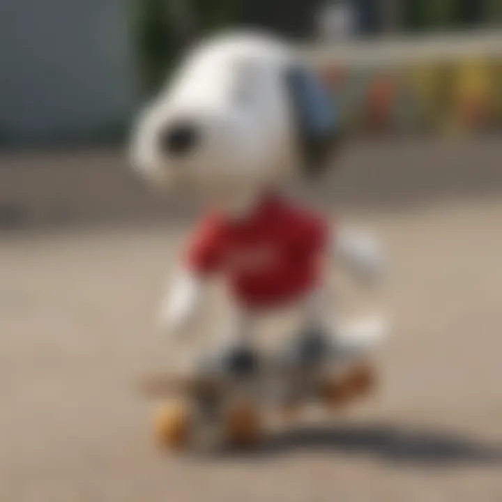 Snoopy cruising through a skate park with style