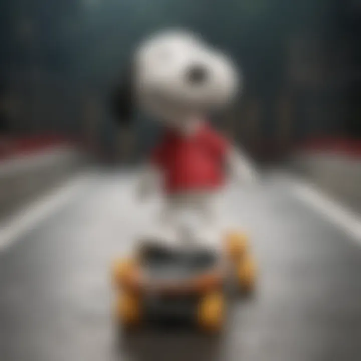 Snoopy showcasing agility on a skateboard ramp