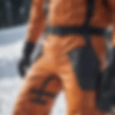 Close-up of durable fabric of snow pants with bib