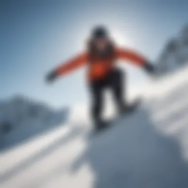 Determined Descent on Snowboard Snowboarder speeding down a steep slope with determination