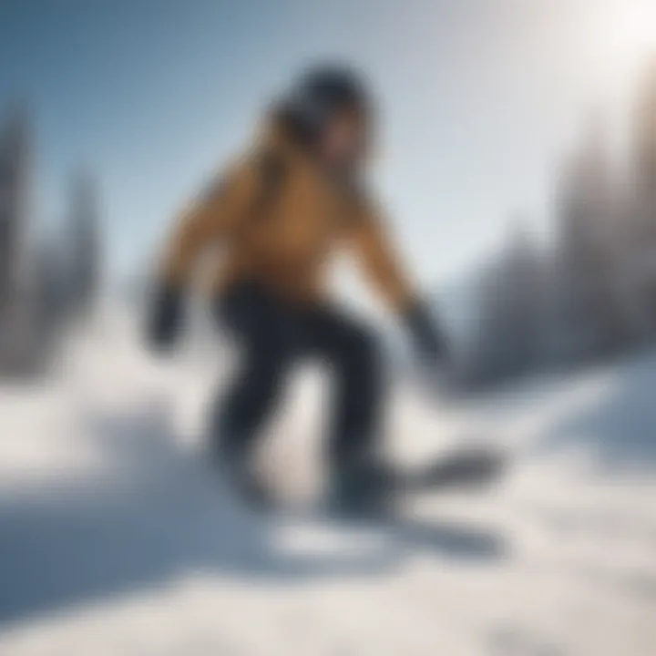 Snowboarder carving through fresh powder on a sunny day