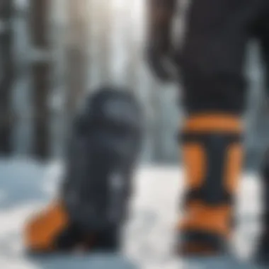 Close-up of knee and elbow protectors in action during snowboarding