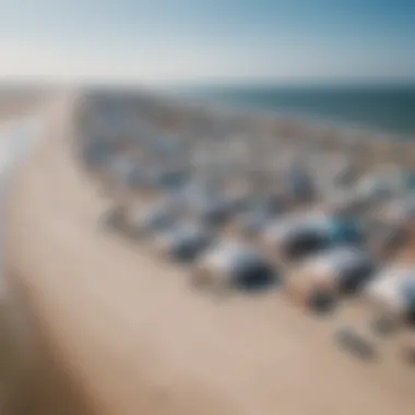 Aerial view of beach tents and vibrant coastal landscape