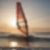 Vast sandy beach with windsurfers in action