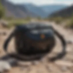 Sleek black crossbody bag on rocky terrain