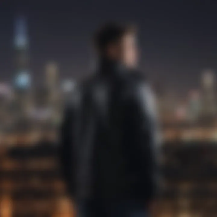 Elegant jacket silhouette against city skyline