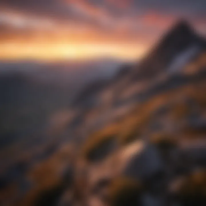 Sunset casting a warm glow over a mountain peak