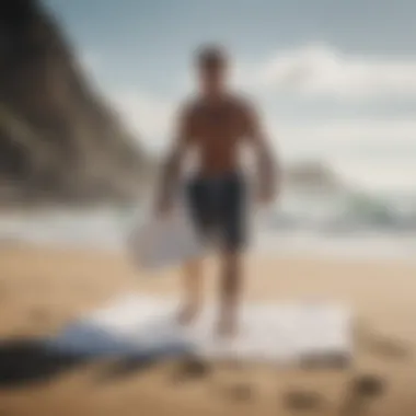 Surfer utilizing a changing towel on the beach after a session