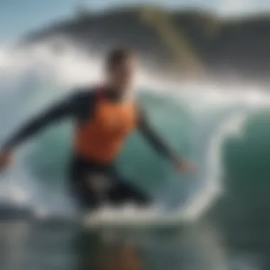 Enhanced Safety in Action Surfer wearing impact vest catching a wave