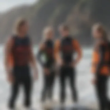 Group of surfers gearing up with impact vests