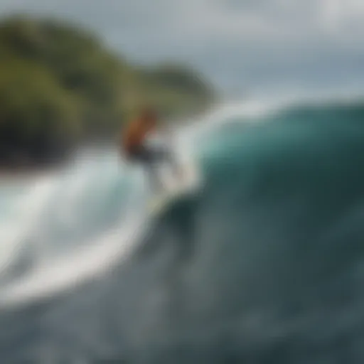 A breathtaking view of a surfer riding a wave in Costa Rica during March, showcasing the vibrant ocean colors