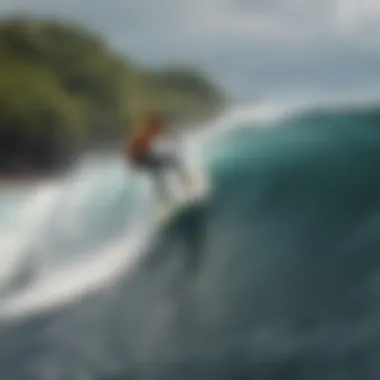 Surfer Riding a Wave in Costa Rica A breathtaking view of a surfer riding a wave in Costa Rica during March, showcasing the vibrant ocean colors