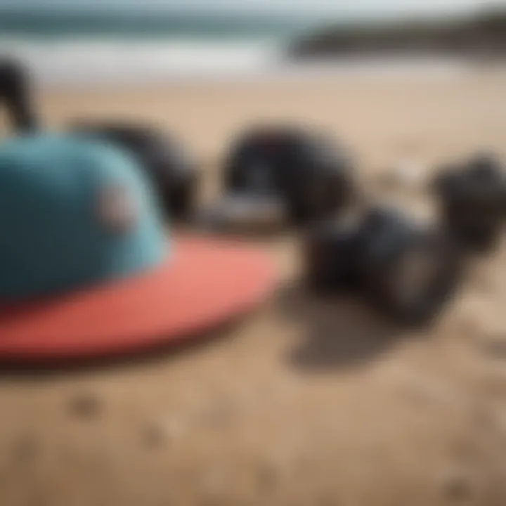 A detailed view of surf gear laid out on the sand, emphasizing essential equipment for surfers in Costa Rica