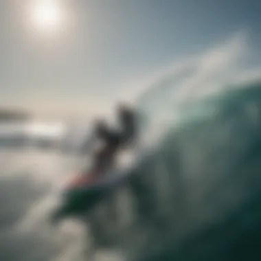 A serene view of surfers riding waves with water boats in the background