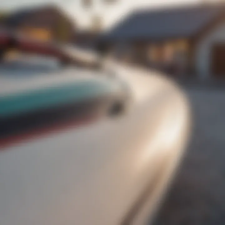 Close-up of a surfboard securely fastened on a roof rack.