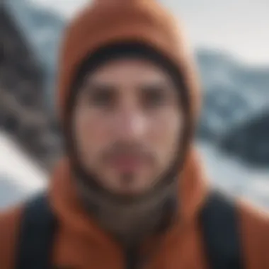 Athlete using neck gaiter with hood during extreme sports Athlete using neck gaiter with hood during extreme sports