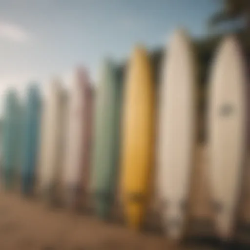 Different types of surfing boards displayed on the beach