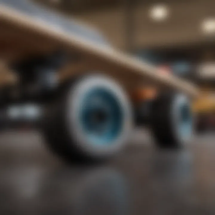 Close-up of skateboard wheels and trucks emphasizing quality materials