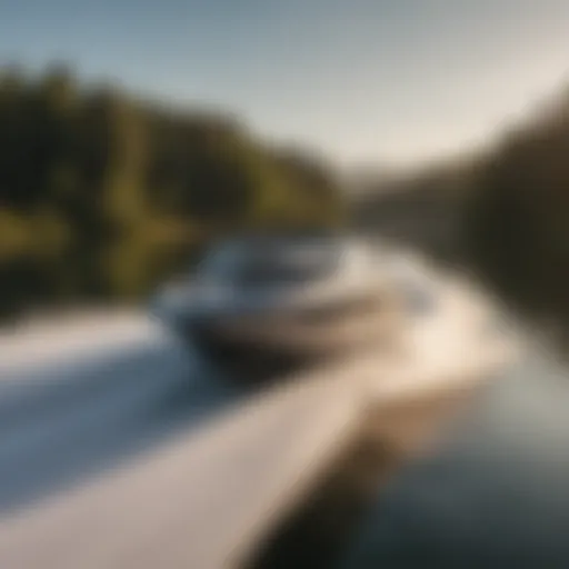 A dynamic wake boat gliding across a serene lake at sunset, showcasing its sleek design.