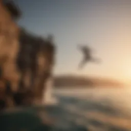 A breathtaking view of a cliff diver mid-air against a sunset backdrop